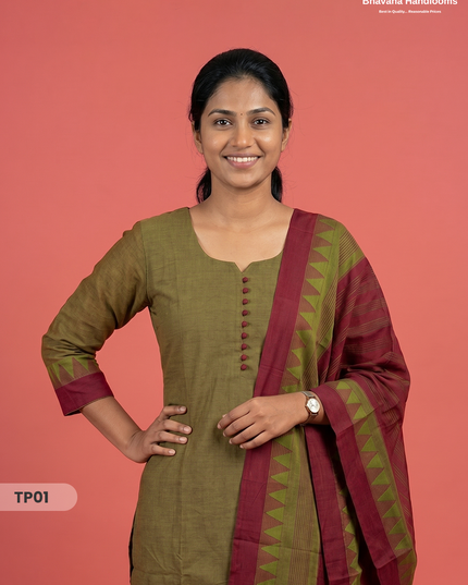 Mangalagiri Cotton 3PC Set with Full-Length Lining & Elastic Pocket Bottom – Brown & Red Double Weave