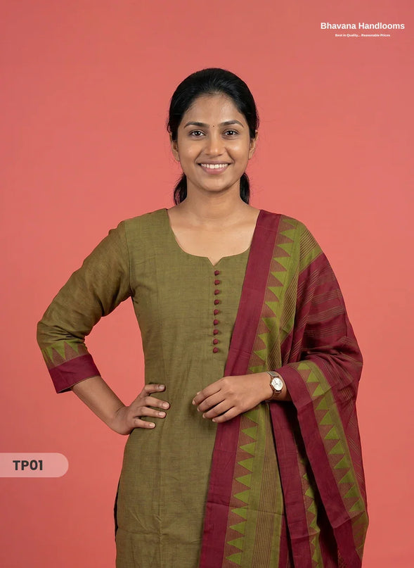 Mangalagiri Cotton 3PC Set with Full-Length Lining & Elastic Pocket Bottom – Brown & Red Double Weave