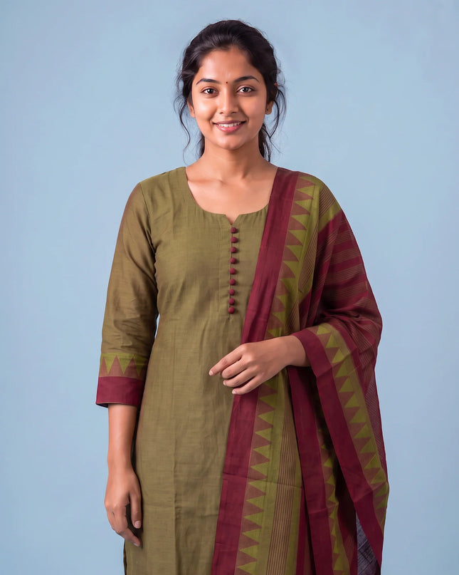 Mangalagiri Cotton 3PC Set with Full-Length Lining & Elastic Pocket Bottom – Brown & Red Double Weave