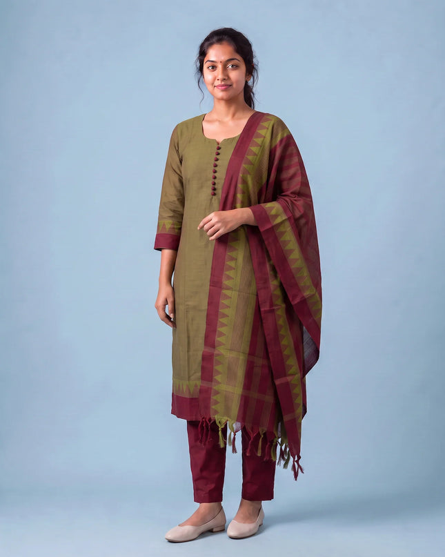Mangalagiri Cotton 3PC Set with Full-Length Lining & Elastic Pocket Bottom – Brown & Red Double Weave