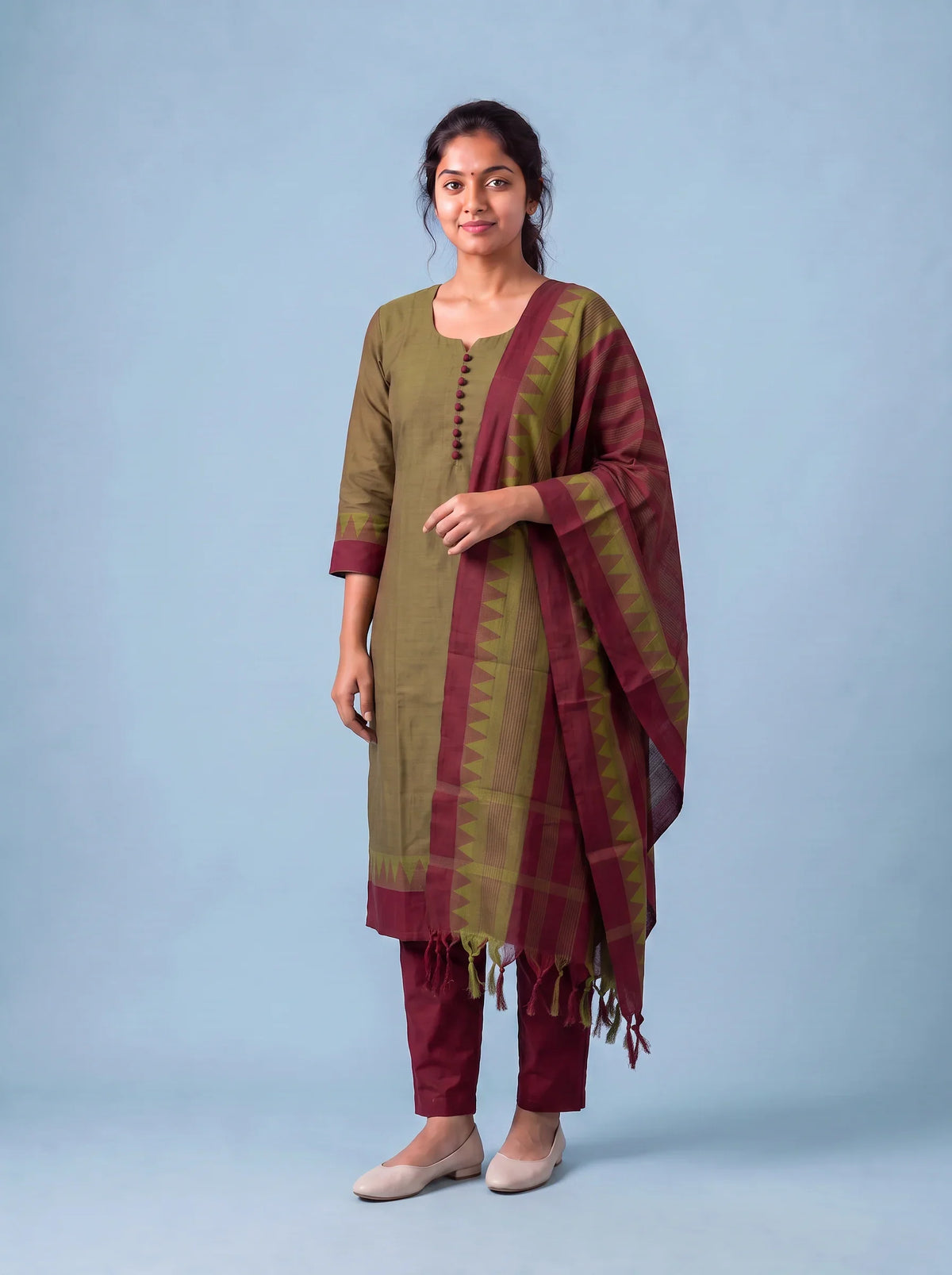 Mangalagiri Cotton 3PC Set with Full-Length Lining & Elastic Pocket Bottom – Brown & Red Double Weave