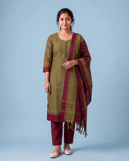 Mangalagiri Cotton 3PC Set with Full-Length Lining & Elastic Pocket Bottom – Brown & Red Double Weave