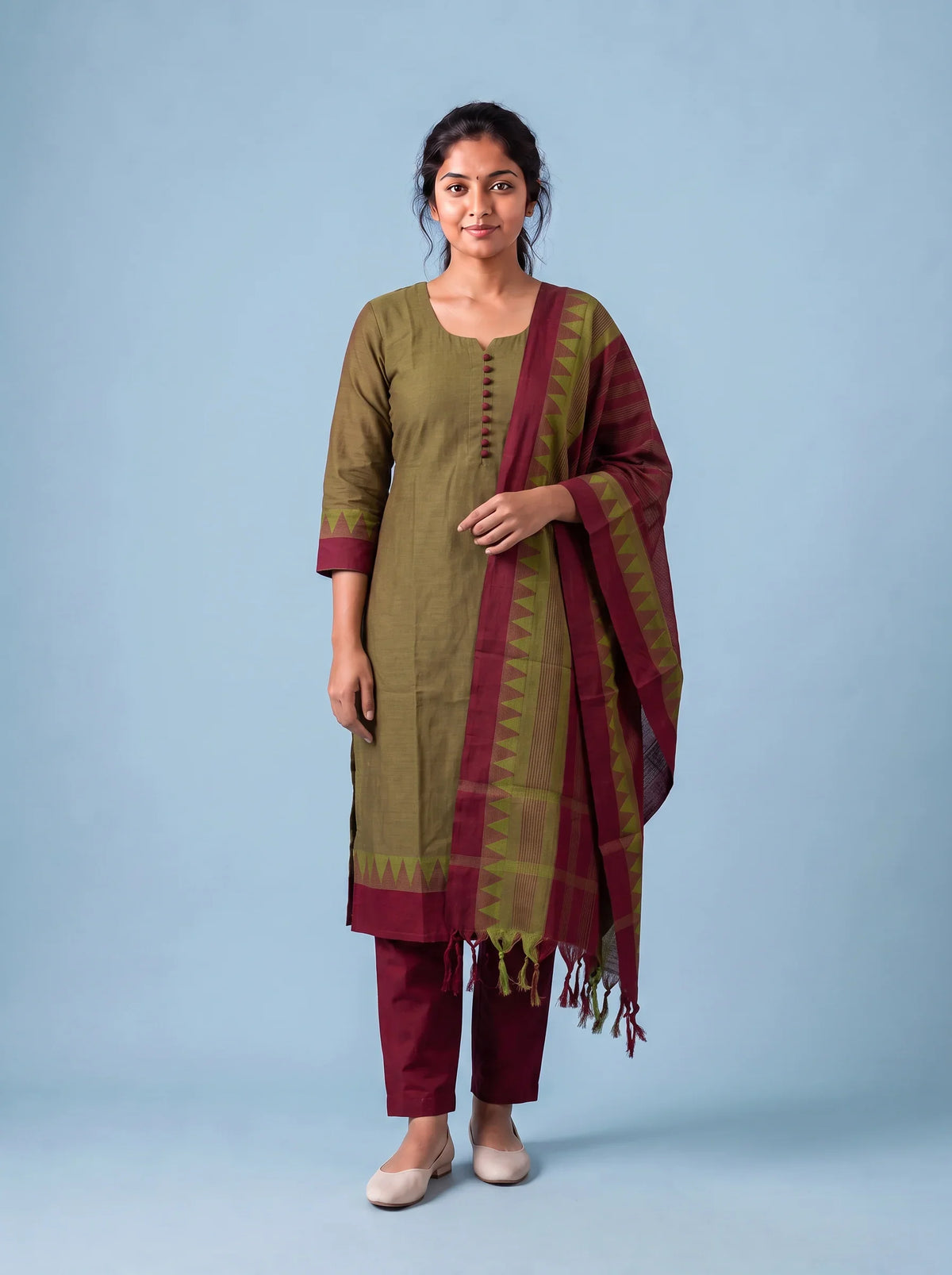 Mangalagiri Cotton 3PC Set with Full-Length Lining & Elastic Pocket Bottom – Brown & Red Double Weave