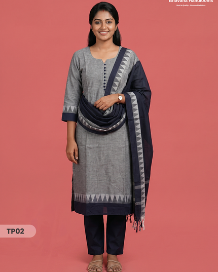 Mangalagiri Cotton 3PC Set with Full-Length Lining & Elastic Pocket Bottom – White & Blue Double Weave
