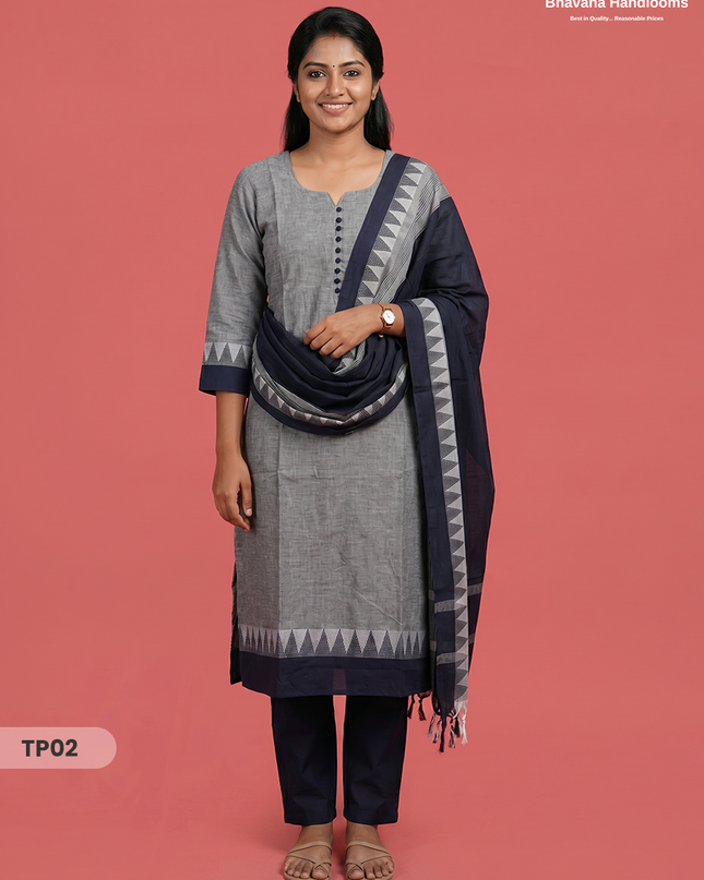 Mangalagiri Cotton 3PC Set with Full-Length Lining & Elastic Pocket Bottom – White & Blue Double Weave