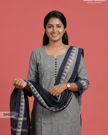Mangalagiri Cotton 3PC Set with Full-Length Lining & Elastic Pocket Bottom – White & Blue Double Weave