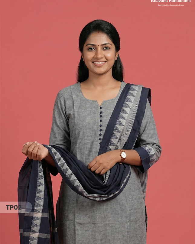 Mangalagiri Cotton 3PC Set with Full-Length Lining & Elastic Pocket Bottom – White & Blue Double Weave