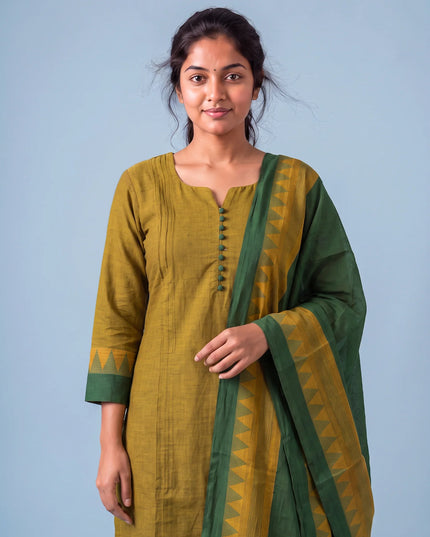 Mangalagiri Cotton 3PC Set with Full-Length Lining & Elastic Pocket Bottom – Green & Yellow Double Weave