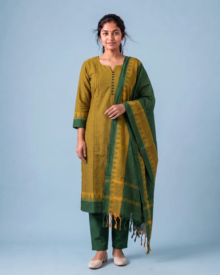 Mangalagiri Cotton 3PC Set with Full-Length Lining & Elastic Pocket Bottom – Green & Yellow Double Weave