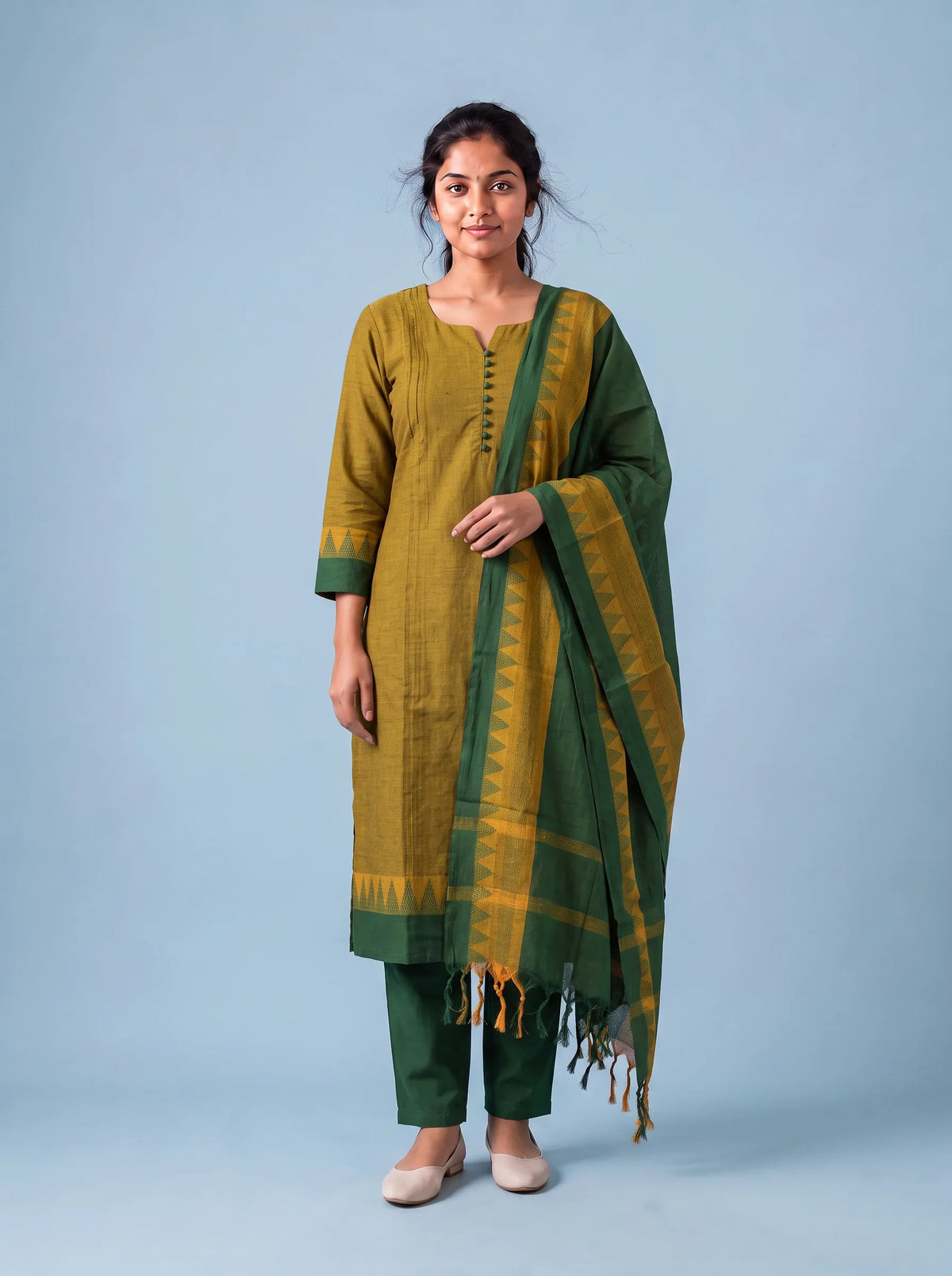 Mangalagiri Cotton 3PC Set with Full-Length Lining & Elastic Pocket Bottom – Green & Yellow Double Weave