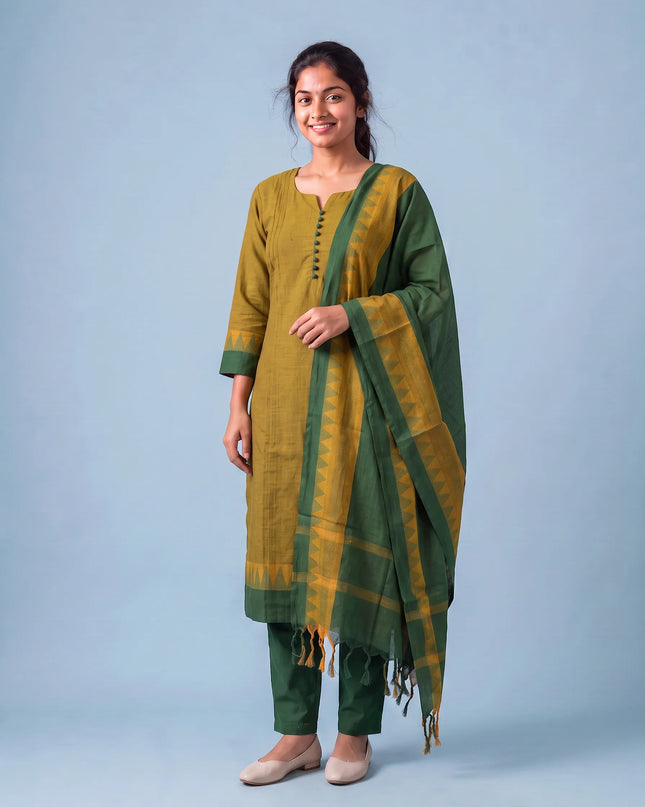 Mangalagiri Cotton 3PC Set with Full-Length Lining & Elastic Pocket Bottom – Green & Yellow Double Weave