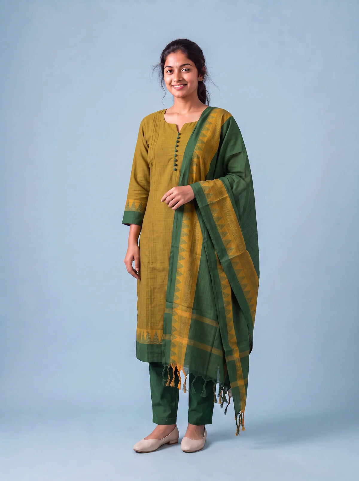 Mangalagiri Cotton 3PC Set with Full-Length Lining & Elastic Pocket Bottom – Green & Yellow Double Weave