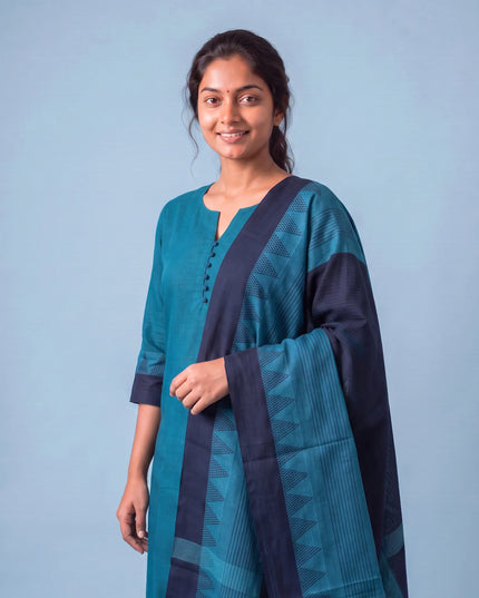 Mangalagiri Cotton 3PC Set with Full-Length Lining & Elastic Pocket Bottom – Blue & Navy Blue Double Weave
