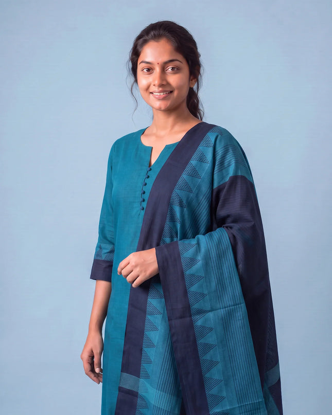 Mangalagiri Cotton 3PC Set with Full-Length Lining & Elastic Pocket Bottom – Blue & Navy Blue Double Weave