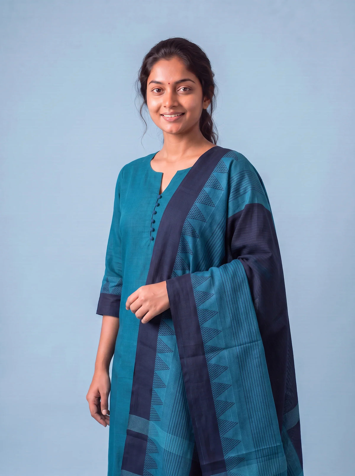 Mangalagiri Cotton 3PC Set with Full-Length Lining & Elastic Pocket Bottom – Blue & Navy Blue Double Weave