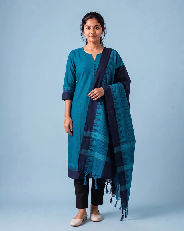 Mangalagiri Cotton 3PC Set with Full-Length Lining & Elastic Pocket Bottom – Blue & Navy Blue Double Weave