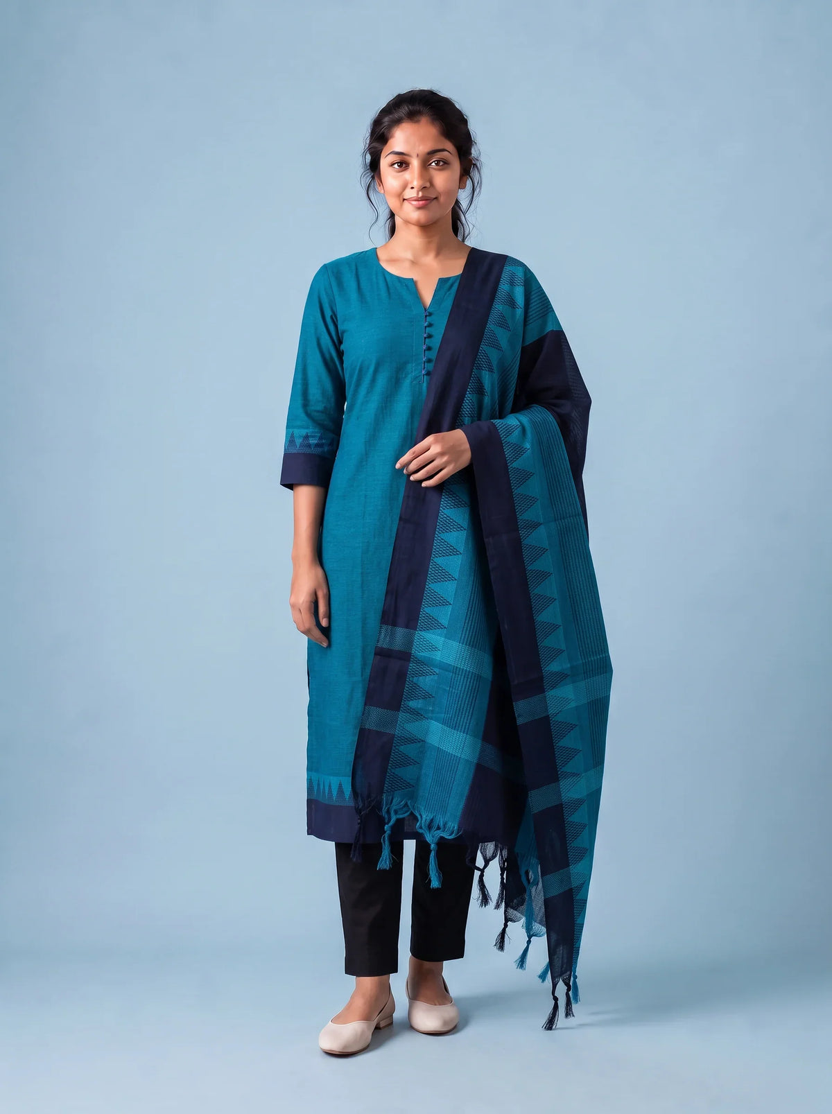 Mangalagiri Cotton 3PC Set with Full-Length Lining & Elastic Pocket Bottom – Blue & Navy Blue Double Weave