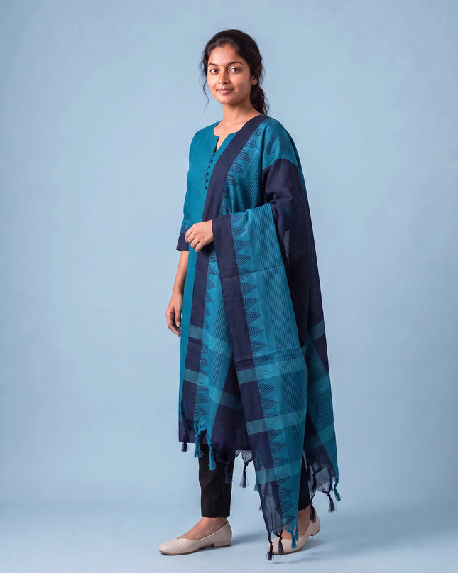 Mangalagiri Cotton 3PC Set with Full-Length Lining & Elastic Pocket Bottom – Blue & Navy Blue Double Weave