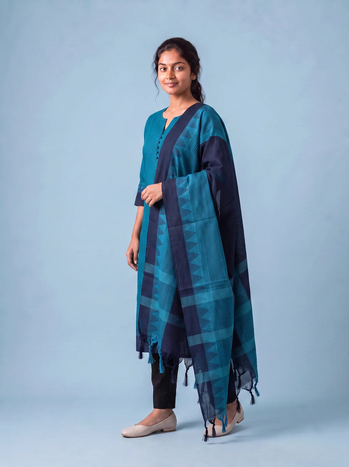 Mangalagiri Cotton 3PC Set with Full-Length Lining & Elastic Pocket Bottom – Blue & Navy Blue Double Weave