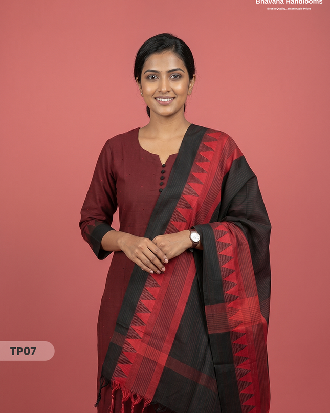 Mangalagiri Cotton 3PC Set with Full-Length Lining & Elastic Pocket Bottom – Red & Black Double Weave