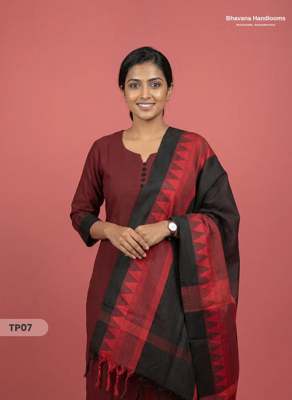 Mangalagiri Cotton 3PC Set with Full-Length Lining & Elastic Pocket Bottom – Red & Black Double Weave