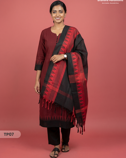 Mangalagiri Cotton 3PC Set with Full-Length Lining & Elastic Pocket Bottom – Red & Black Double Weave
