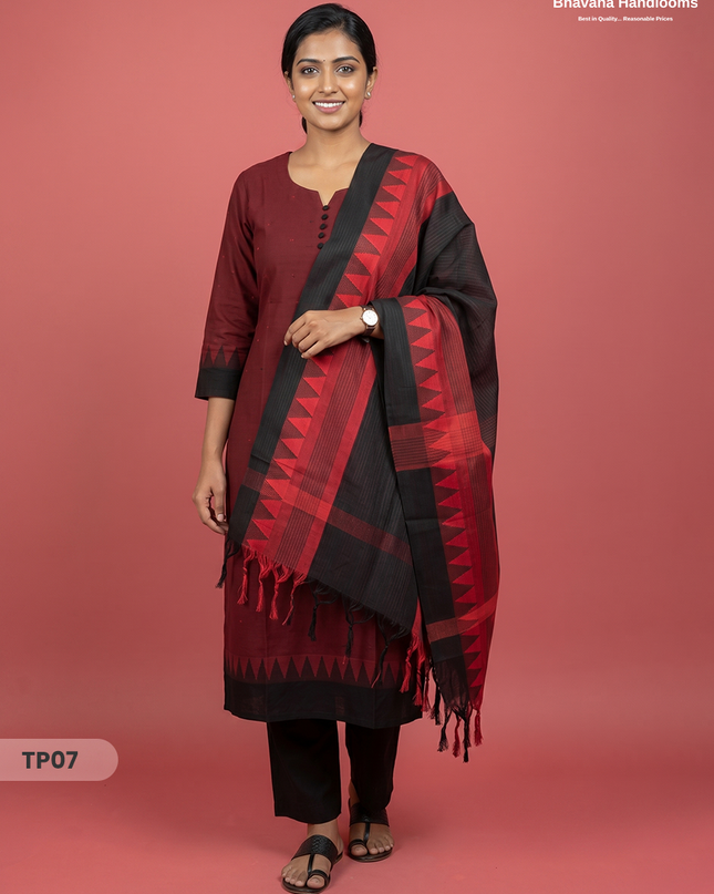Mangalagiri Cotton 3PC Set with Full-Length Lining & Elastic Pocket Bottom – Red & Black Double Weave