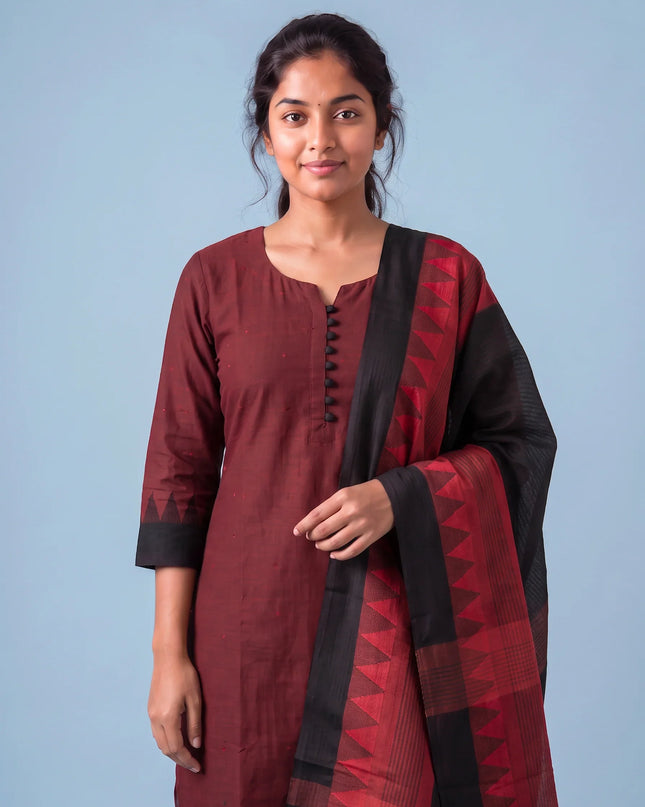 Mangalagiri Cotton 3PC Set with Full-Length Lining & Elastic Pocket Bottom – Red & Black Double Weave