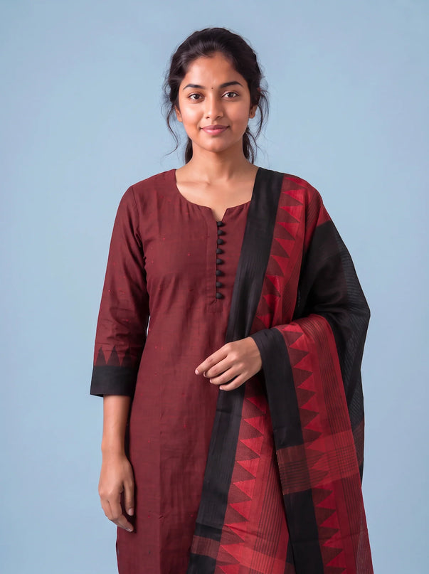 Mangalagiri Cotton 3PC Set with Full-Length Lining & Elastic Pocket Bottom – Red & Black Double Weave