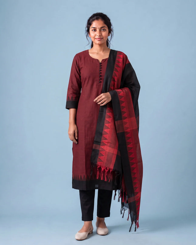 Mangalagiri Cotton 3PC Set with Full-Length Lining & Elastic Pocket Bottom – Red & Black Double Weave