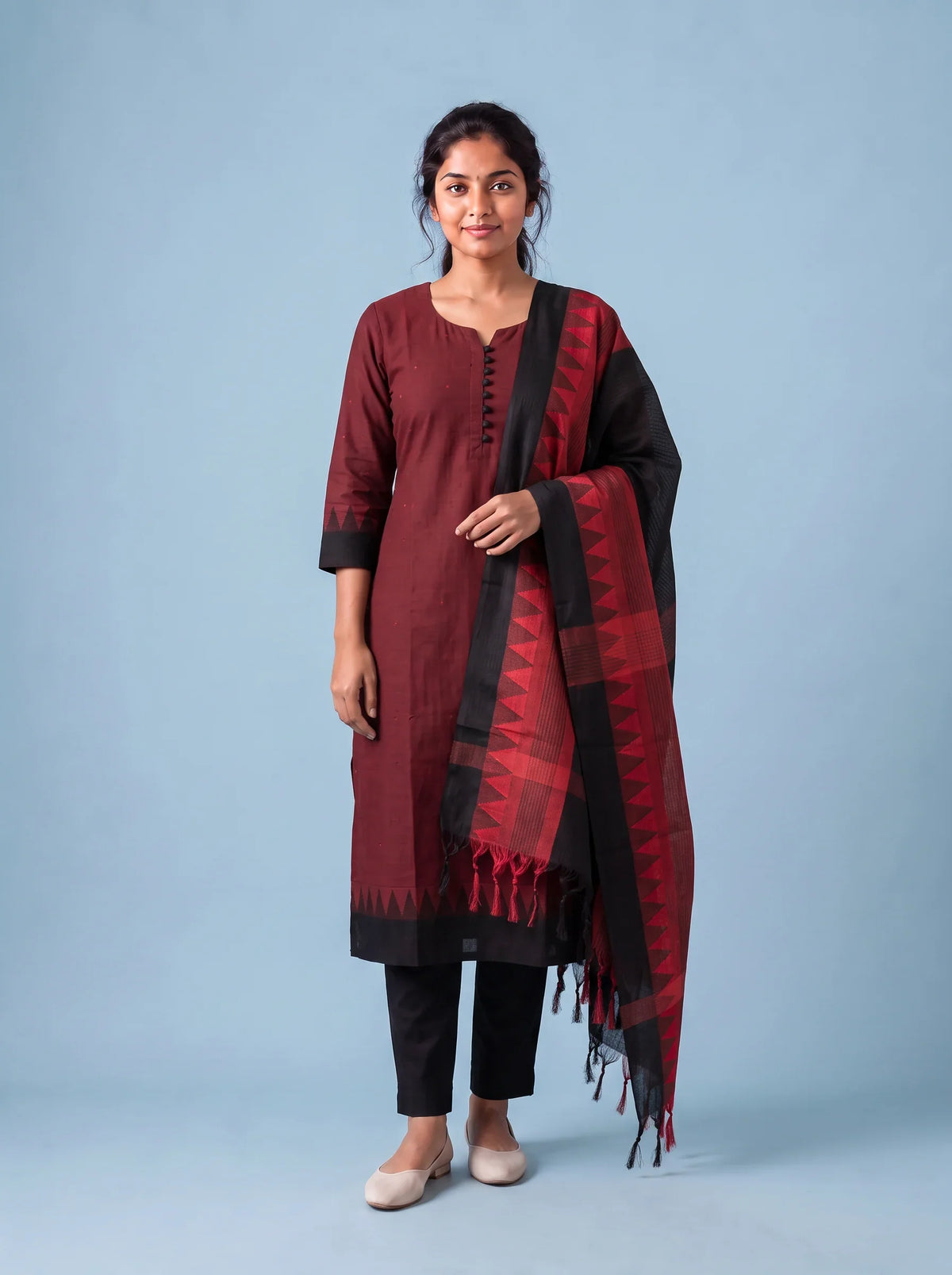Mangalagiri Cotton 3PC Set with Full-Length Lining & Elastic Pocket Bottom – Red & Black Double Weave