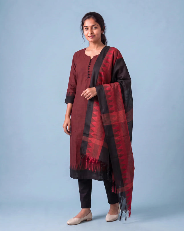 Mangalagiri Cotton 3PC Set with Full-Length Lining & Elastic Pocket Bottom – Red & Black Double Weave