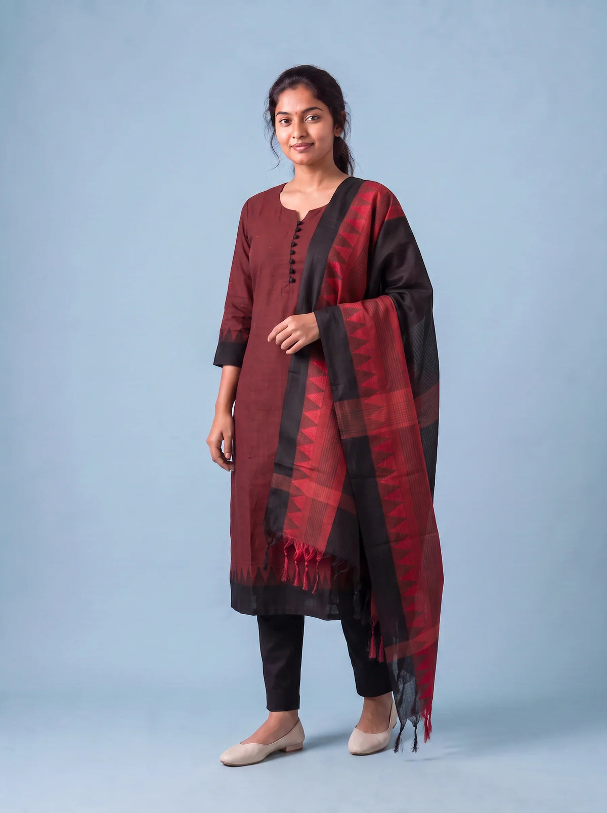 Mangalagiri Cotton 3PC Set with Full-Length Lining & Elastic Pocket Bottom – Red & Black Double Weave
