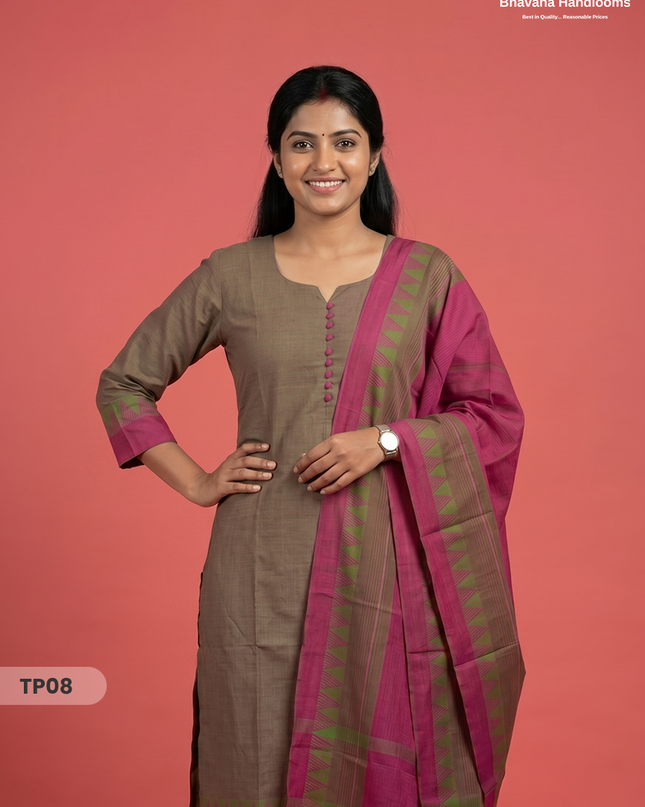 Mangalagiri Cotton 3PC Set with Full-Length Lining & Elastic Pocket Bottom – Green & Pink Double Weave