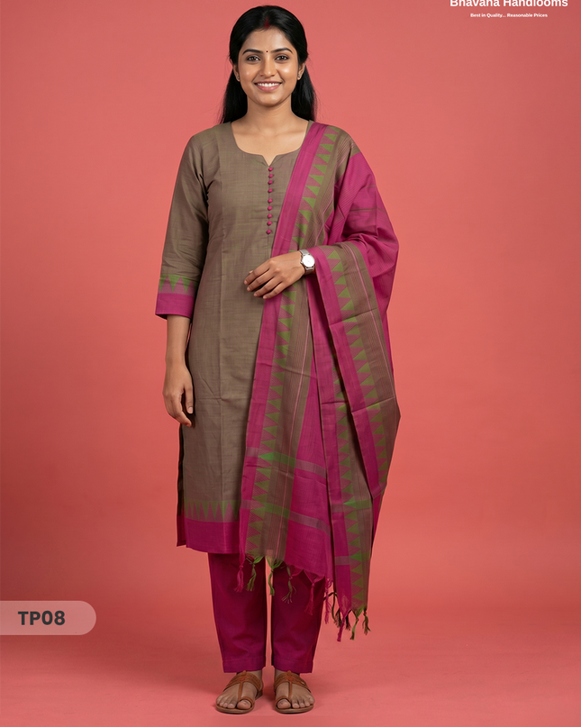 Mangalagiri Cotton 3PC Set with Full-Length Lining & Elastic Pocket Bottom – Green & Pink Double Weave