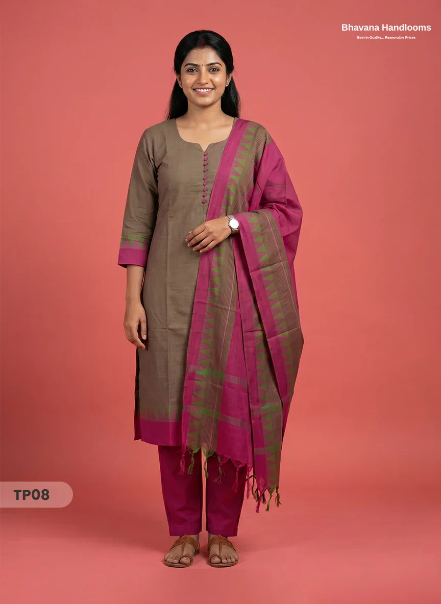 Mangalagiri Cotton 3PC Set with Full-Length Lining & Elastic Pocket Bottom – Green & Pink Double Weave