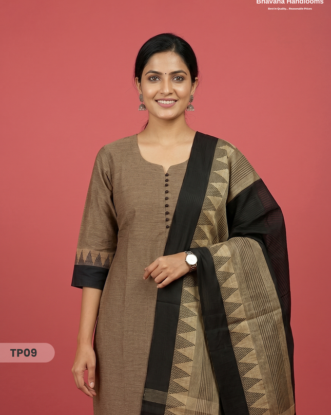 Mangalagiri Cotton 3PC Set with Full-Length Lining & Elastic Pocket Bottom – Black & Beige Double Weave