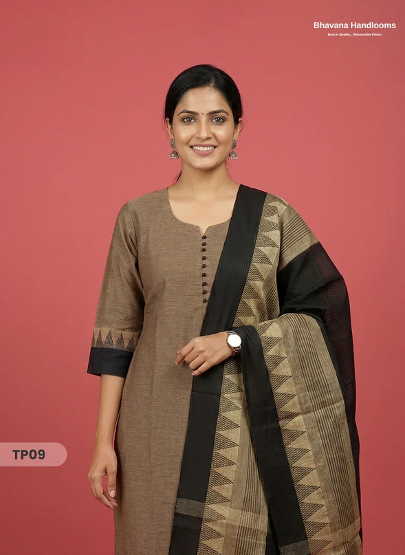 Mangalagiri Cotton 3PC Set with Full-Length Lining & Elastic Pocket Bottom – Black & Beige Double Weave