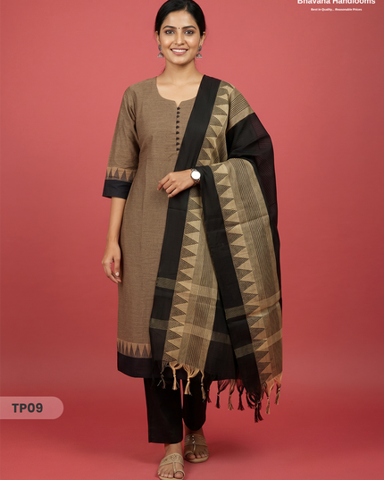 Mangalagiri Cotton 3PC Set with Full-Length Lining & Elastic Pocket Bottom – Black & Beige Double Weave