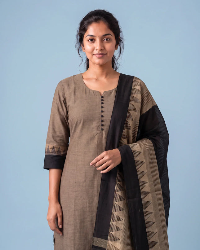 Mangalagiri Cotton 3PC Set with Full-Length Lining & Elastic Pocket Bottom – Black & Beige Double Weave