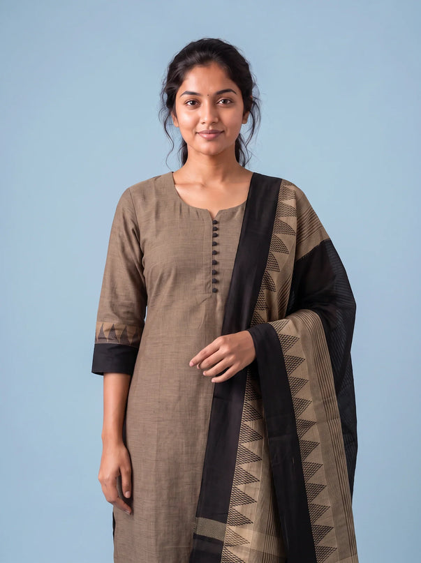 Mangalagiri Cotton 3PC Set with Full-Length Lining & Elastic Pocket Bottom – Black & Beige Double Weave