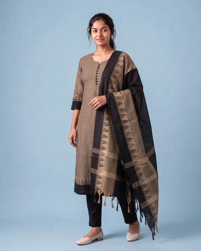 Mangalagiri Cotton 3PC Set with Full-Length Lining & Elastic Pocket Bottom – Black & Beige Double Weave