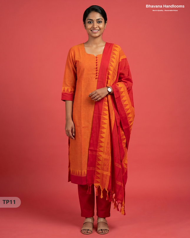 Mangalagiri Cotton 3PC Set with Full-Length Lining & Elastic Pocket Bottom – Red & Orange Double Weave