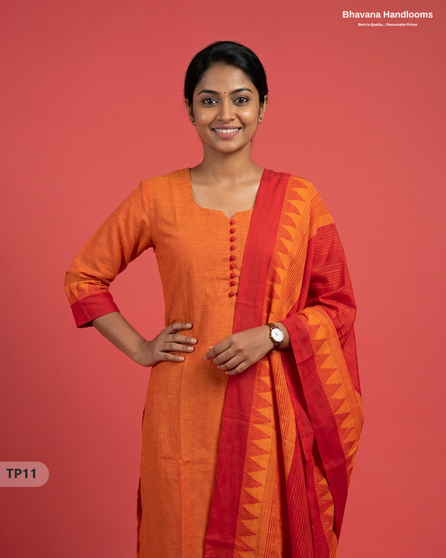 Mangalagiri Cotton 3PC Set with Full-Length Lining & Elastic Pocket Bottom – Red & Orange Double Weave