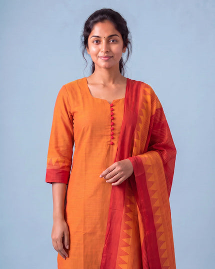Mangalagiri Cotton Kurti Set with Full-Length Lining & Elastic Pocket Bottom – Red & Orange Double Weave