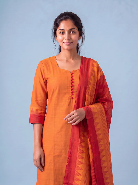 Mangalagiri Cotton Kurti Set with Full-Length Lining & Elastic Pocket Bottom – Red & Orange Double Weave