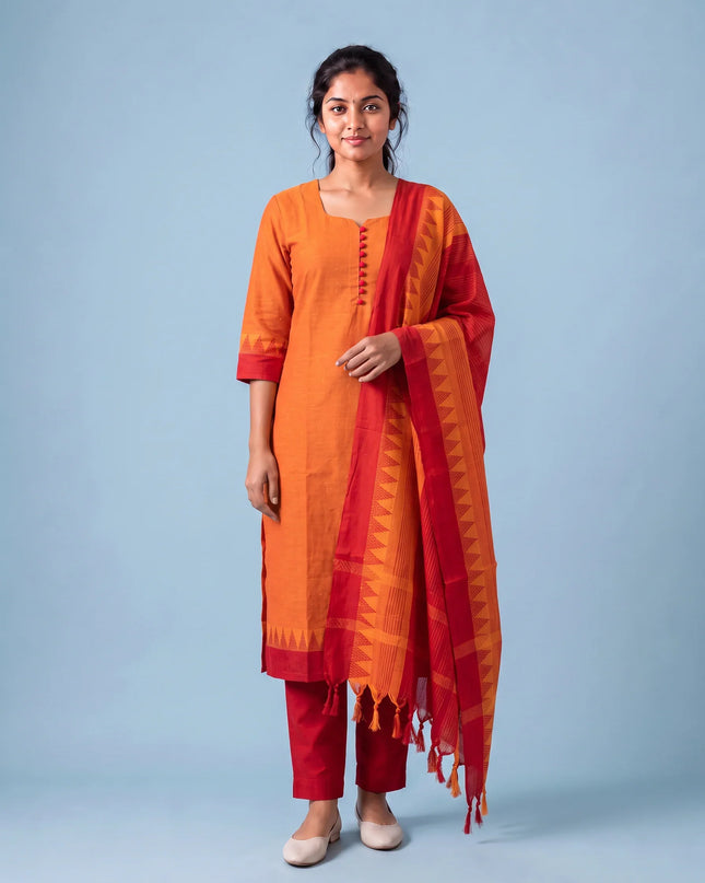 Mangalagiri Cotton Kurti Set with Full-Length Lining & Elastic Pocket Bottom – Red & Orange Double Weave