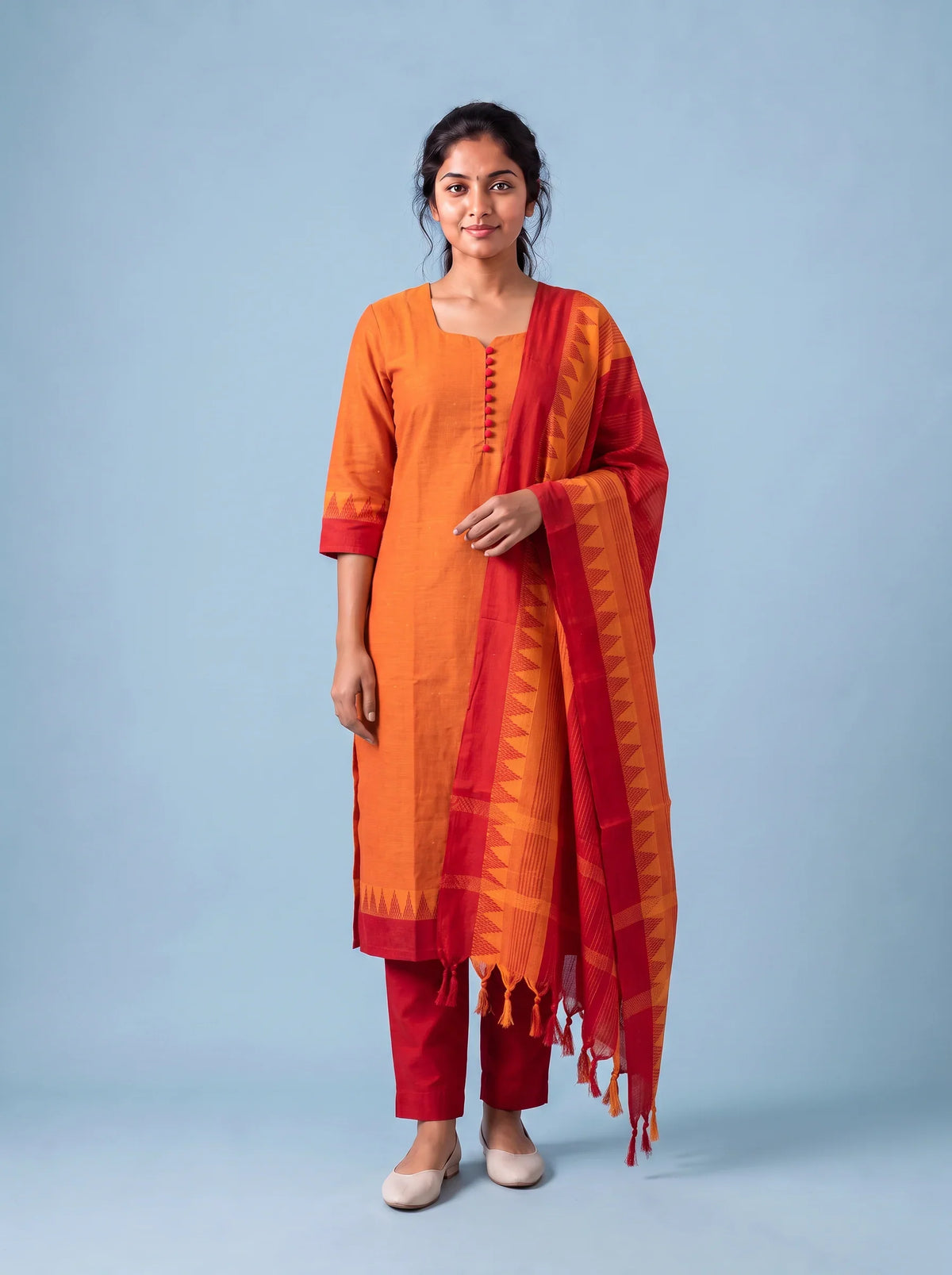 Mangalagiri Cotton Kurti Set with Full-Length Lining & Elastic Pocket Bottom – Red & Orange Double Weave