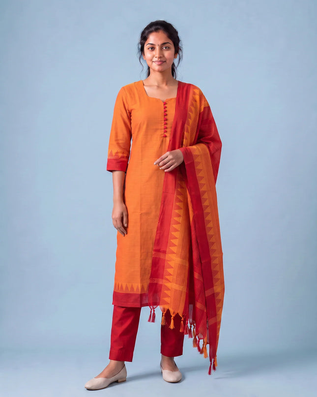 Mangalagiri Cotton Kurti Set with Full-Length Lining & Elastic Pocket Bottom – Red & Orange Double Weave