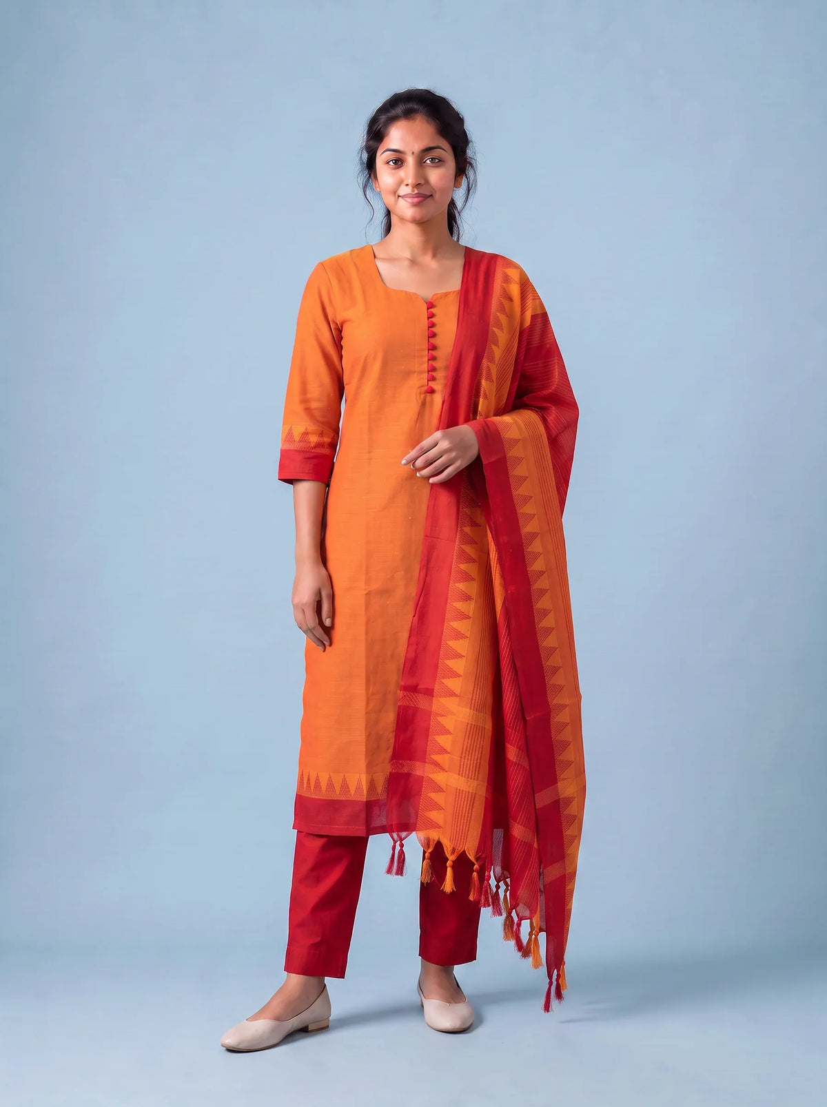 Mangalagiri Cotton Kurti Set with Full-Length Lining & Elastic Pocket Bottom – Red & Orange Double Weave